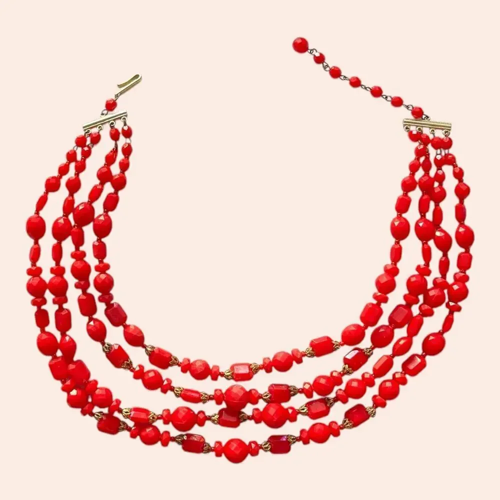 Vintage Red Four Strand Necklace Western Germany Faceted Acrylic AB Finish